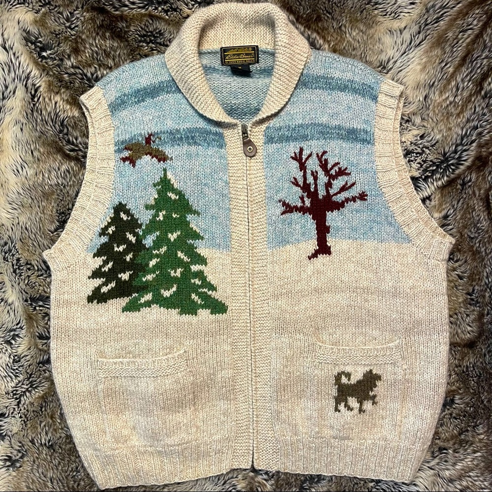 VTG Eddie Bauer 100% Wool Winter Tree Skier Dog Sweater Vest Men's Size M